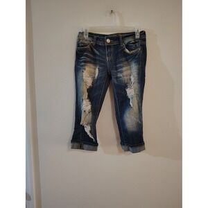Almost Famous Distressed Rhinestone Capri Jeans Dark Wash Blue Denim Size 3